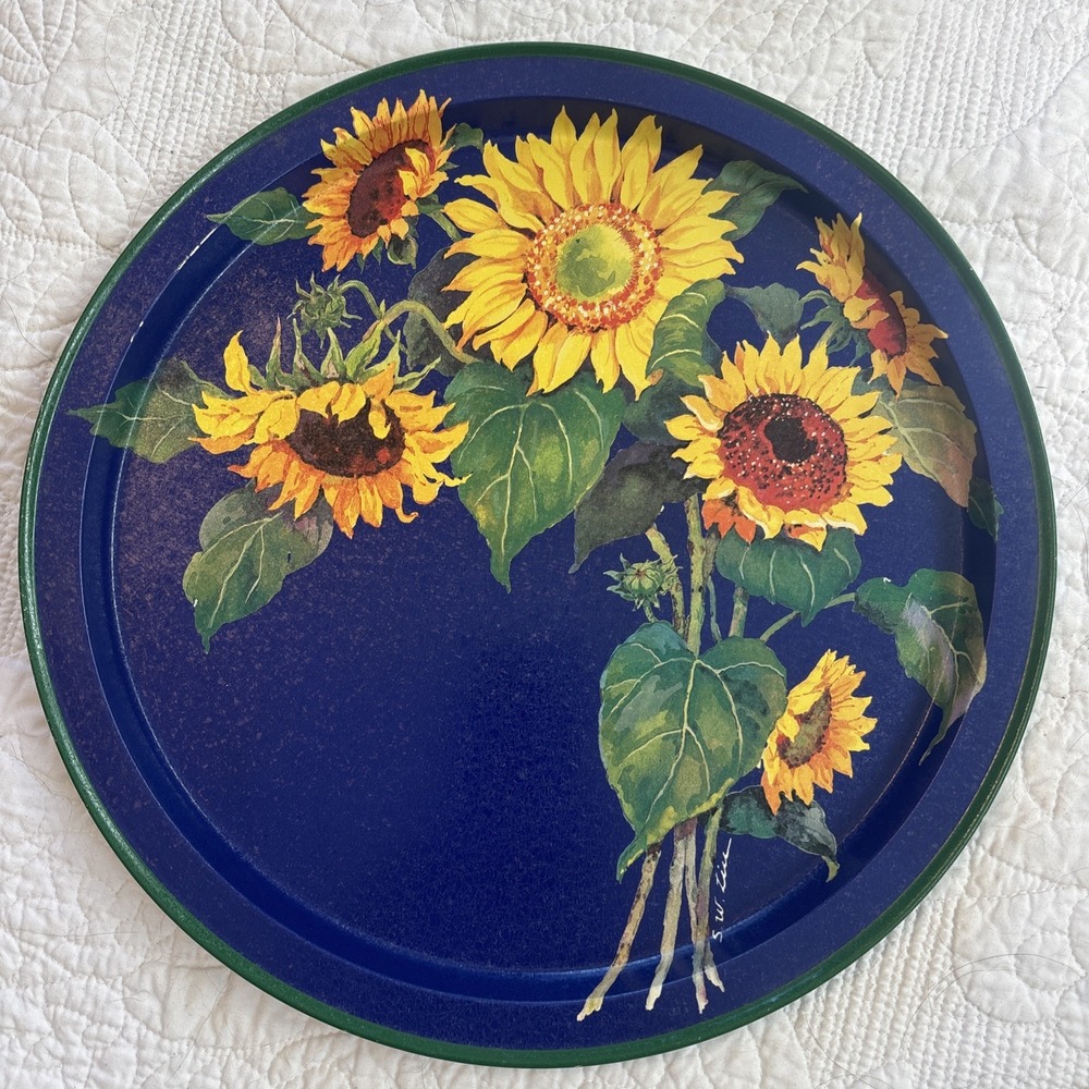 VTG 1990s Tin Tray With Painted Sunflowers Blue Background Country Retro Boho